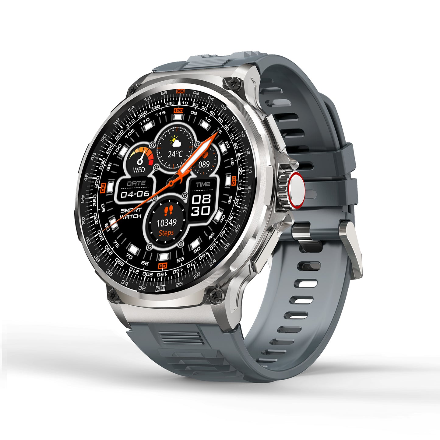 505 Smart Watch V69 main product image with silver metal case and black silicone strap, front view showing 1.85-inch HD always-on display, 710mAh battery technology, and V69 large screen design for comprehensive fitness tracking