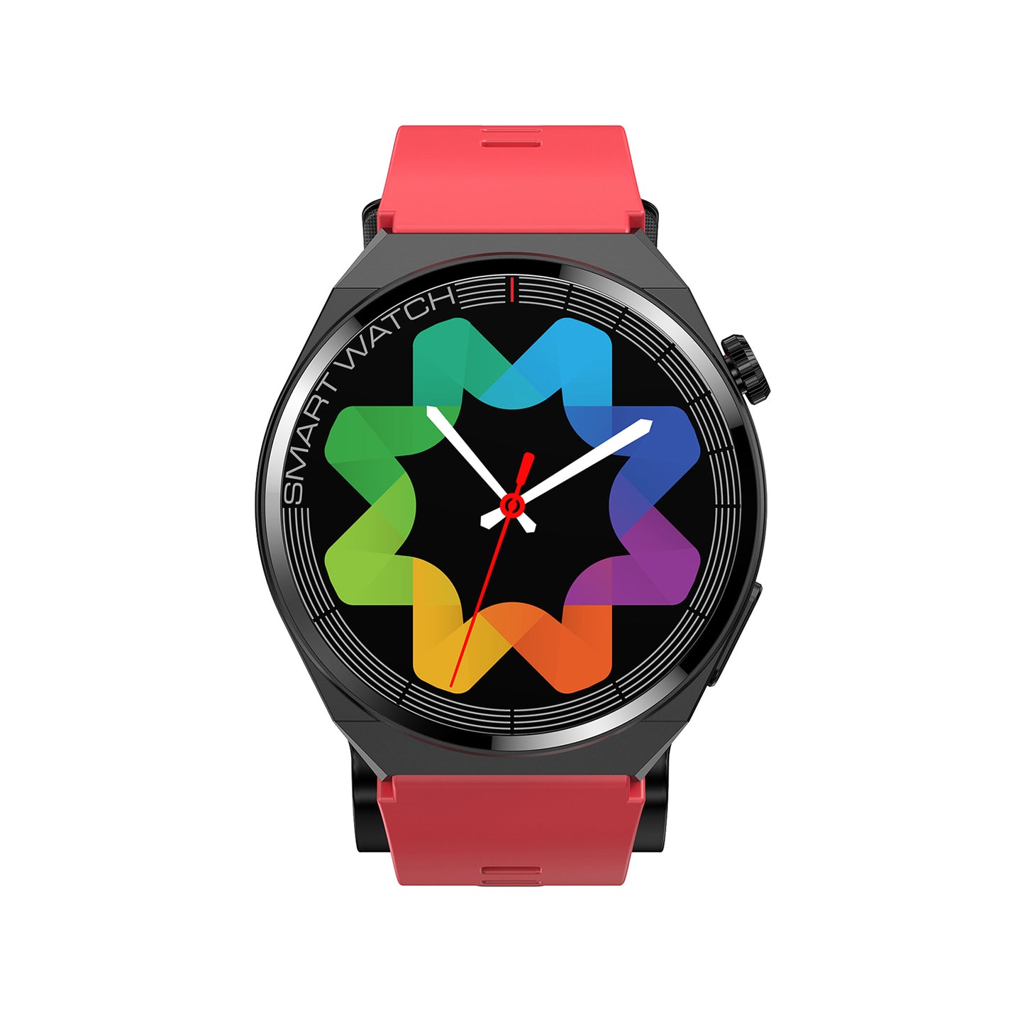 702 Smart Watch H42 main product image with black metal case and red silicone strap, front view displaying IP67 waterproof protection, magnetic charging, and comprehensive health management features