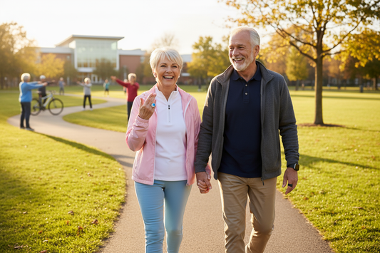 Happy senior couple walking together in park wearing smart rings showing active retirement and healthy aging