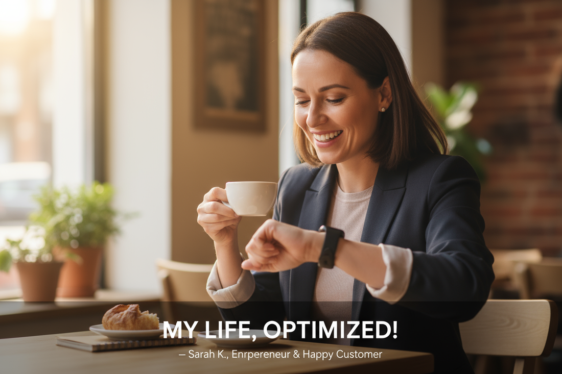 Freelance designer working happily in creative home office wearing smart earbuds with plants and natural light