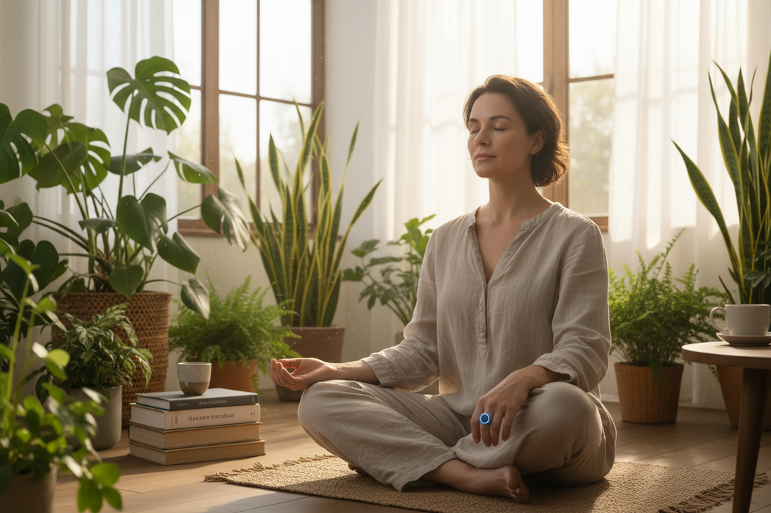 Young woman sleeping peacefully in bed wearing smart ring for sleep monitoring in serene bedroom with morning light
