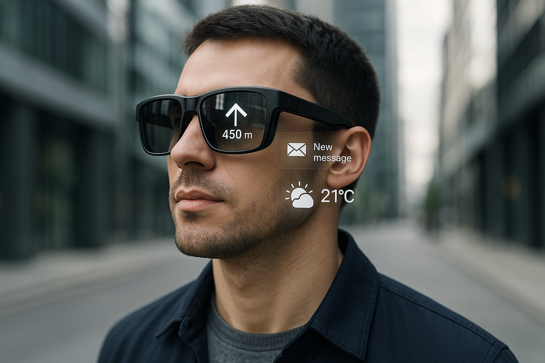alt="Smart glasses with AR display overlay showing digital information and notifications worn by person in urban environment demonstrating augmented reality technology integration in daily life"