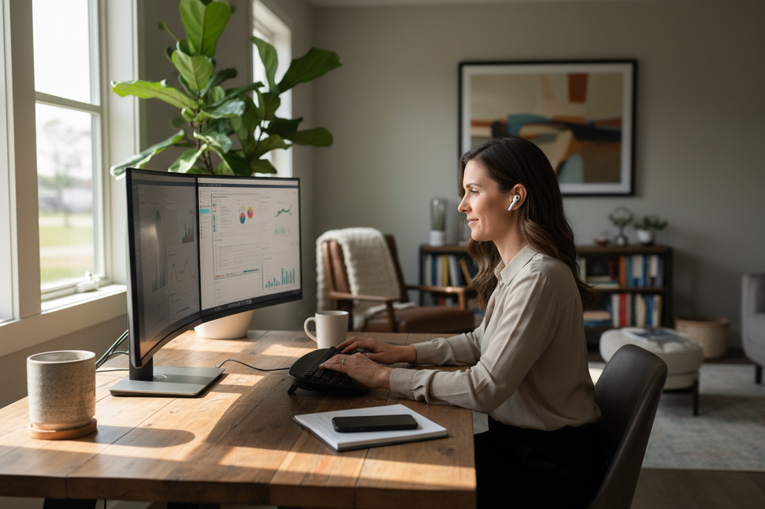 Professional woman working productively at home office desk wearing wireless smart earbuds with natural lighting