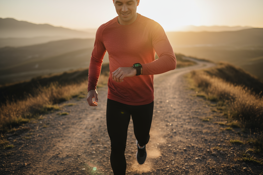 Man in his 40s looking at smartwatch with satisfaction after successful fitness transformation and weight loss journey