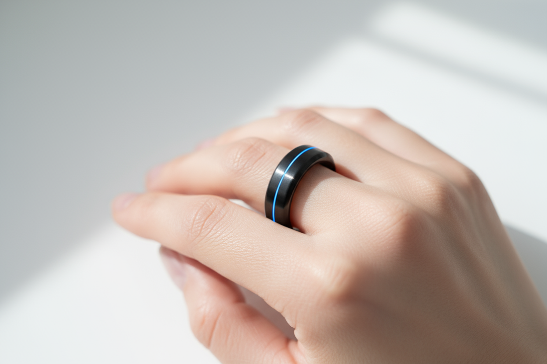 Premium smart ring with crystal display technology on white background showing elegant health monitoring design