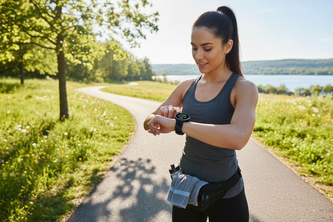 Happy professional woman checking smartwatch health data during coffee break showing wellness lifestyle