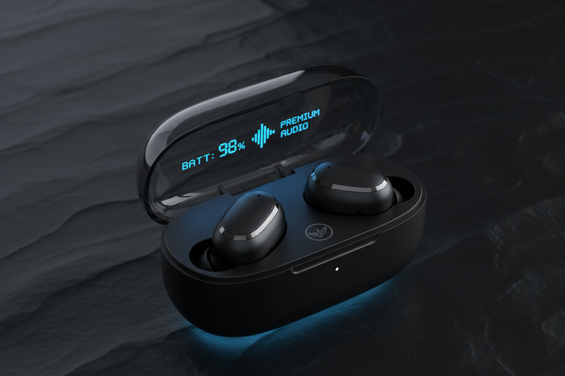 NovaPods wireless smart earbuds in premium charging case with LED battery display on dark background