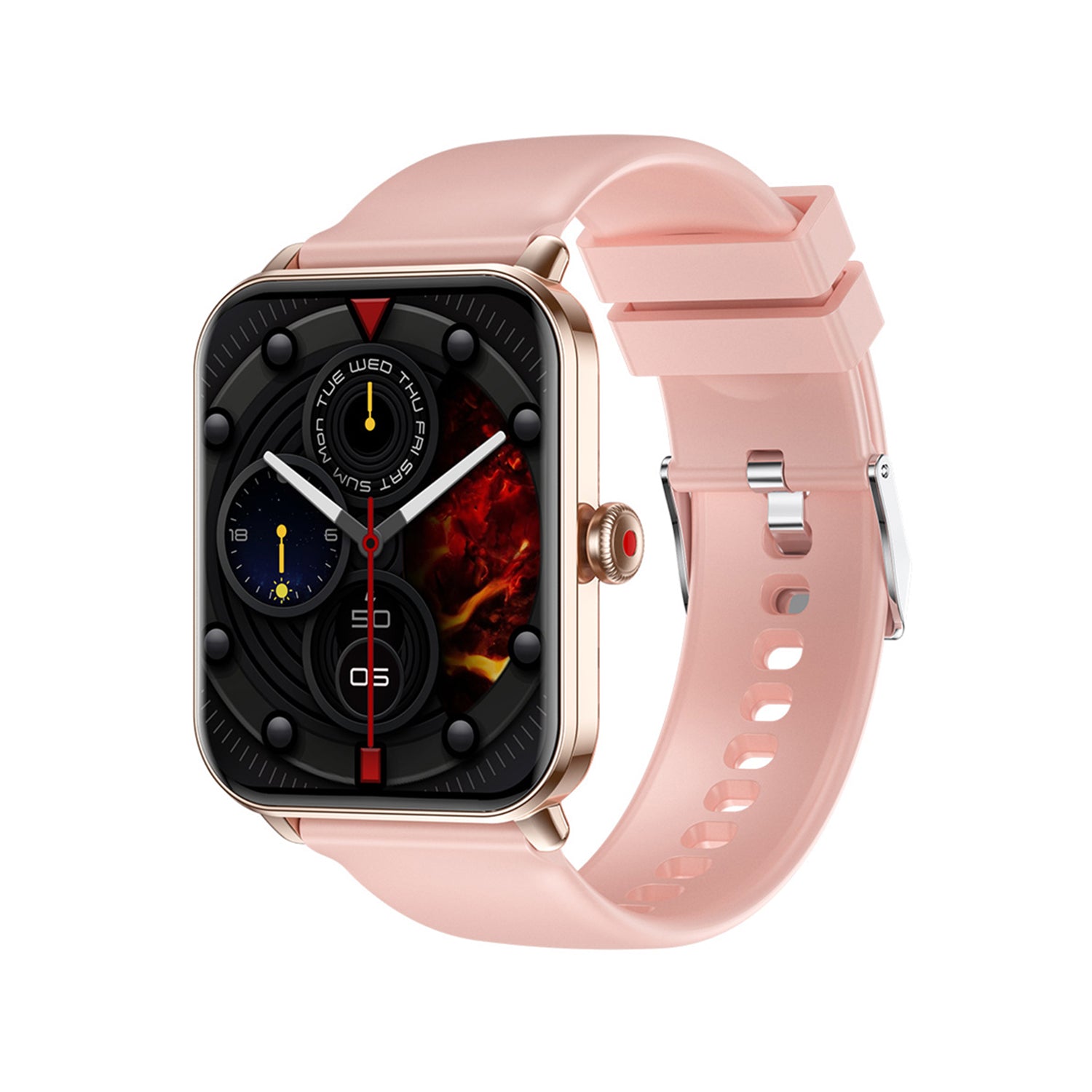 201 Smart Watch main product image with pink silicone strap, front view showing 1.83-inch HD display and high-strength plastic frame design