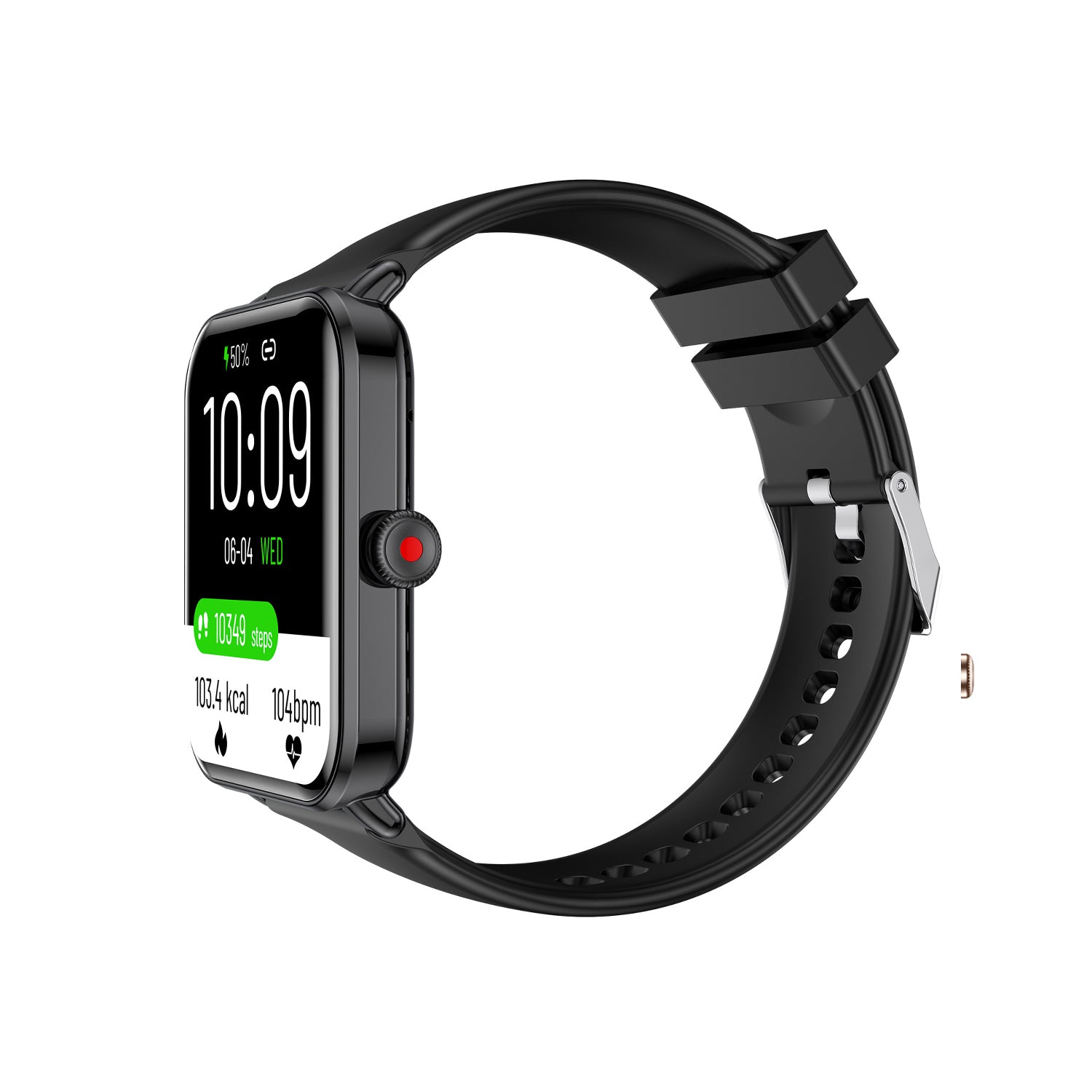 201 Smart Watch main product image with pink silicone strap, side angle view featuring plastic frame and comfortable silicone band design