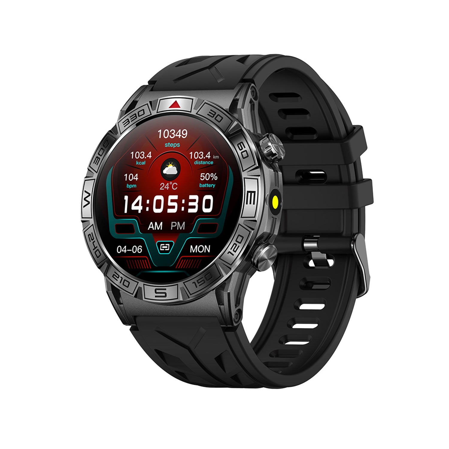 403 Smart Watch main product image with black silicone strap, front view showing rugged metal case design