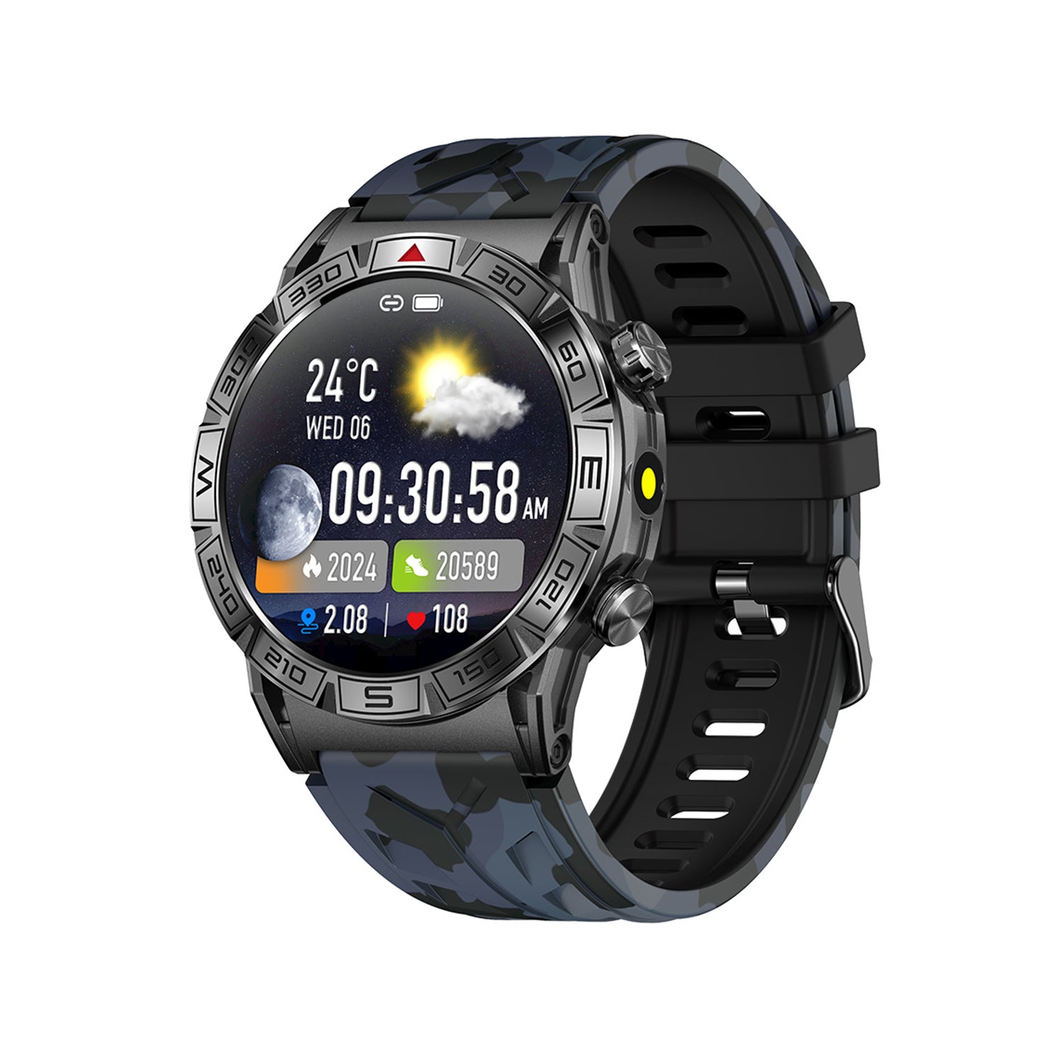 403 Smart Watch main product image with blue camouflage silicone strap, front view showing premium metal case design