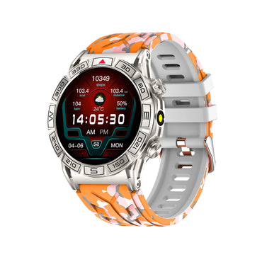 403 Smart Watch main product image with orange camouflage silicone strap, front view displaying metal case construction