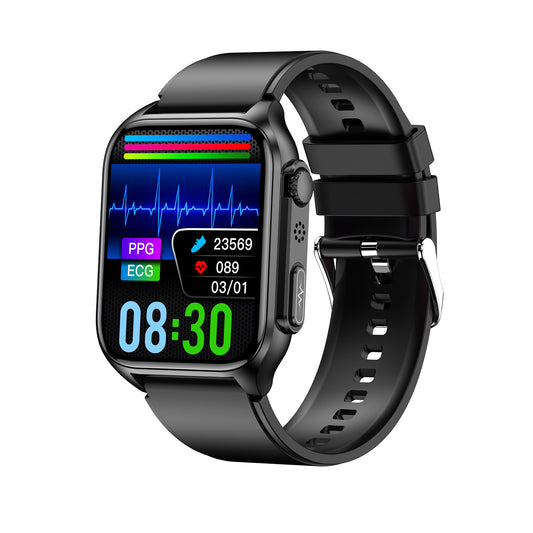 404 Smart Watch main product image with black silicone strap, front view showing 1.96-inch square HD display and premium metal case design