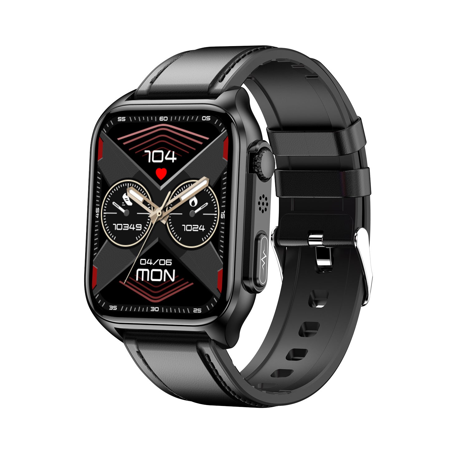 404 Smart Watch main product image with black strap, side view profile showing case thickness and button placement design