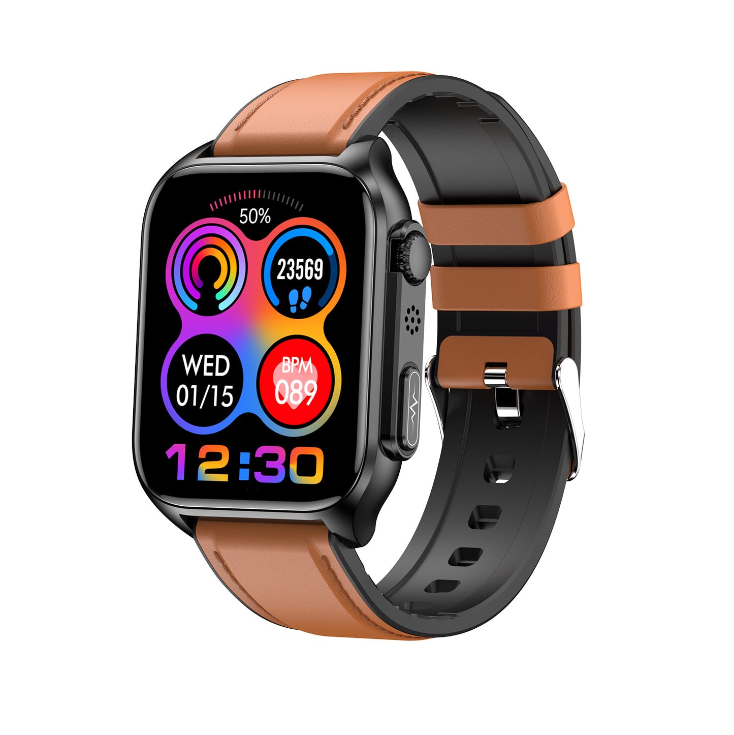 404 Smart Watch main product image with orange silicone strap, front view featuring premium metal case and square display design