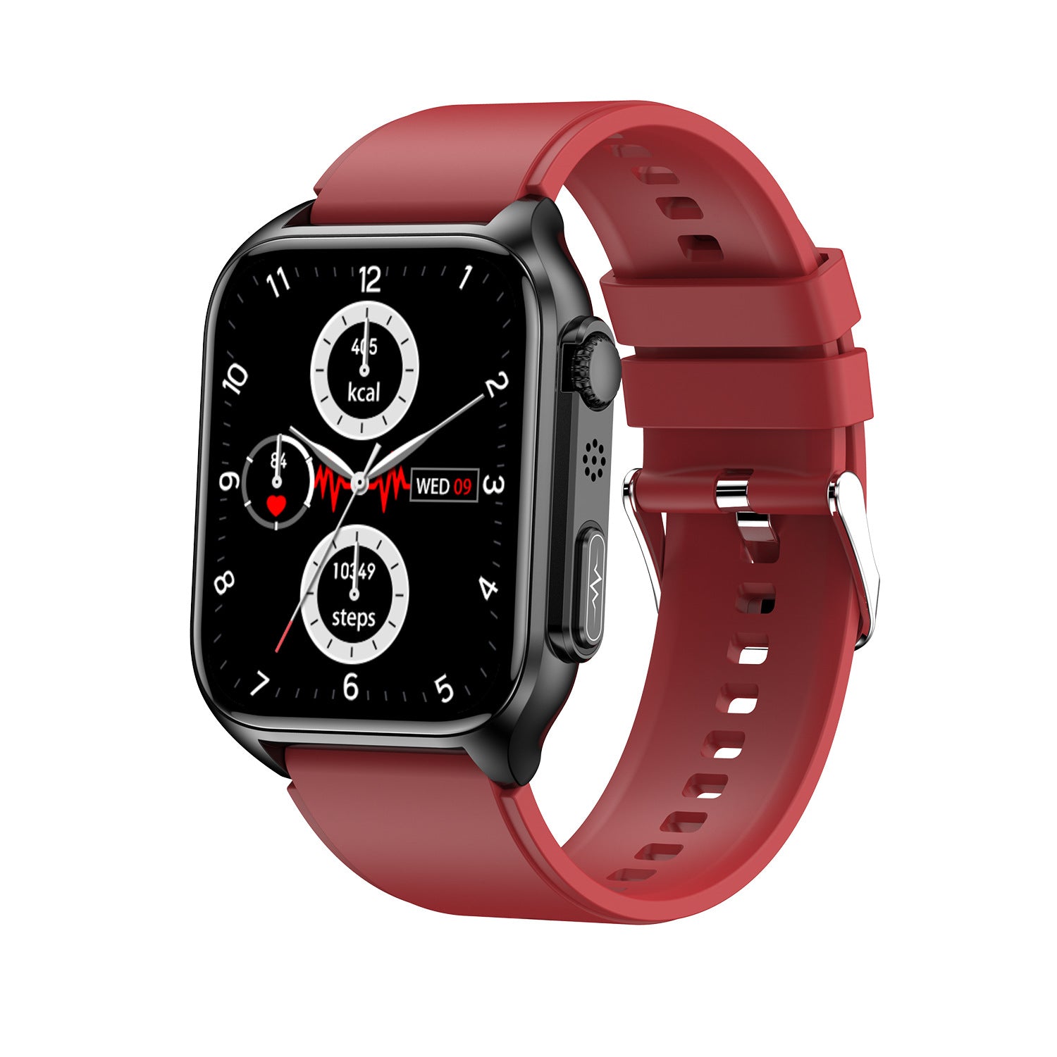404 Smart Watch main product image with red silicone strap, front view displaying square HD screen and rugged construction