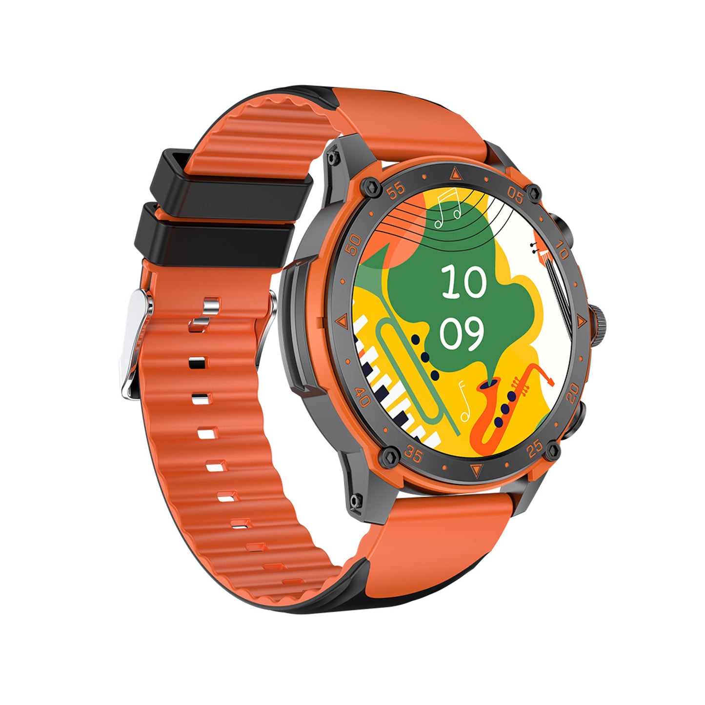 405 Smart Watch main product image with orange silicone strap, front view showing 1.43-inch AMOLED display and zinc alloy metal frame design
