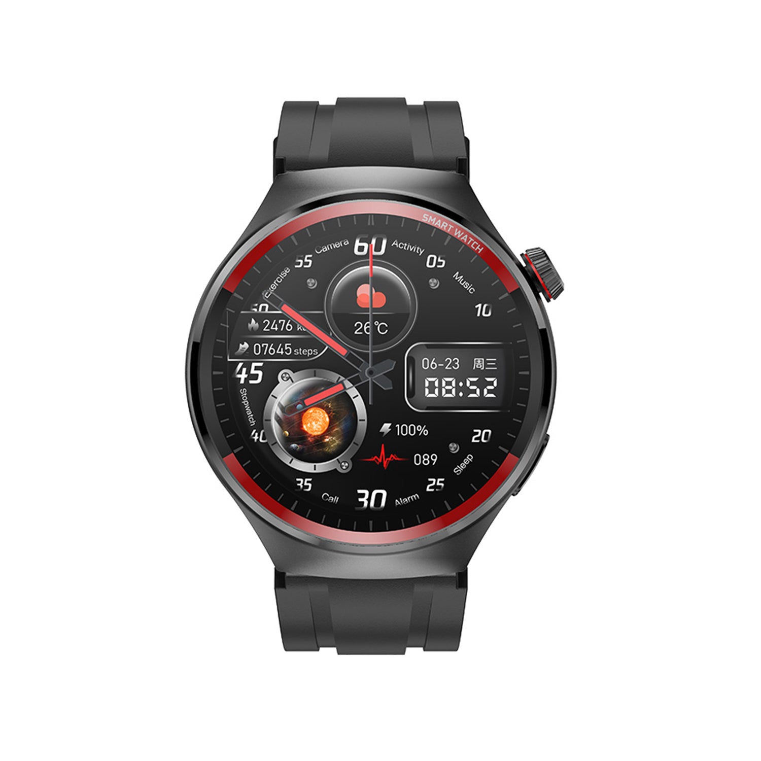 406 Smart Watch main product image with black silicone strap, front view showing 1.43-inch AMOLED display and premium metal alloy frame design