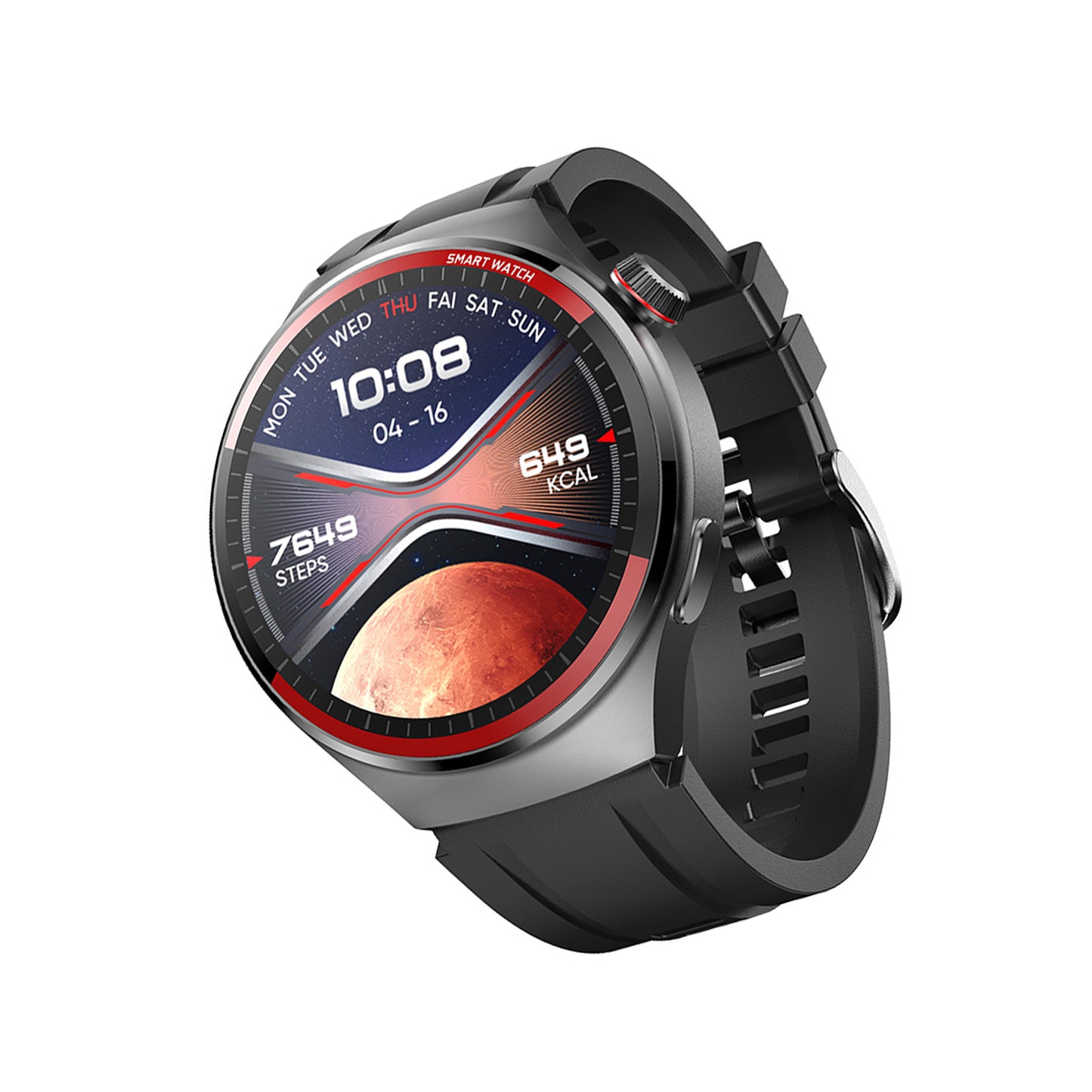 406 Smart Watch main product image with black silicone strap, side angle view featuring metal alloy frame and wireless charging back design