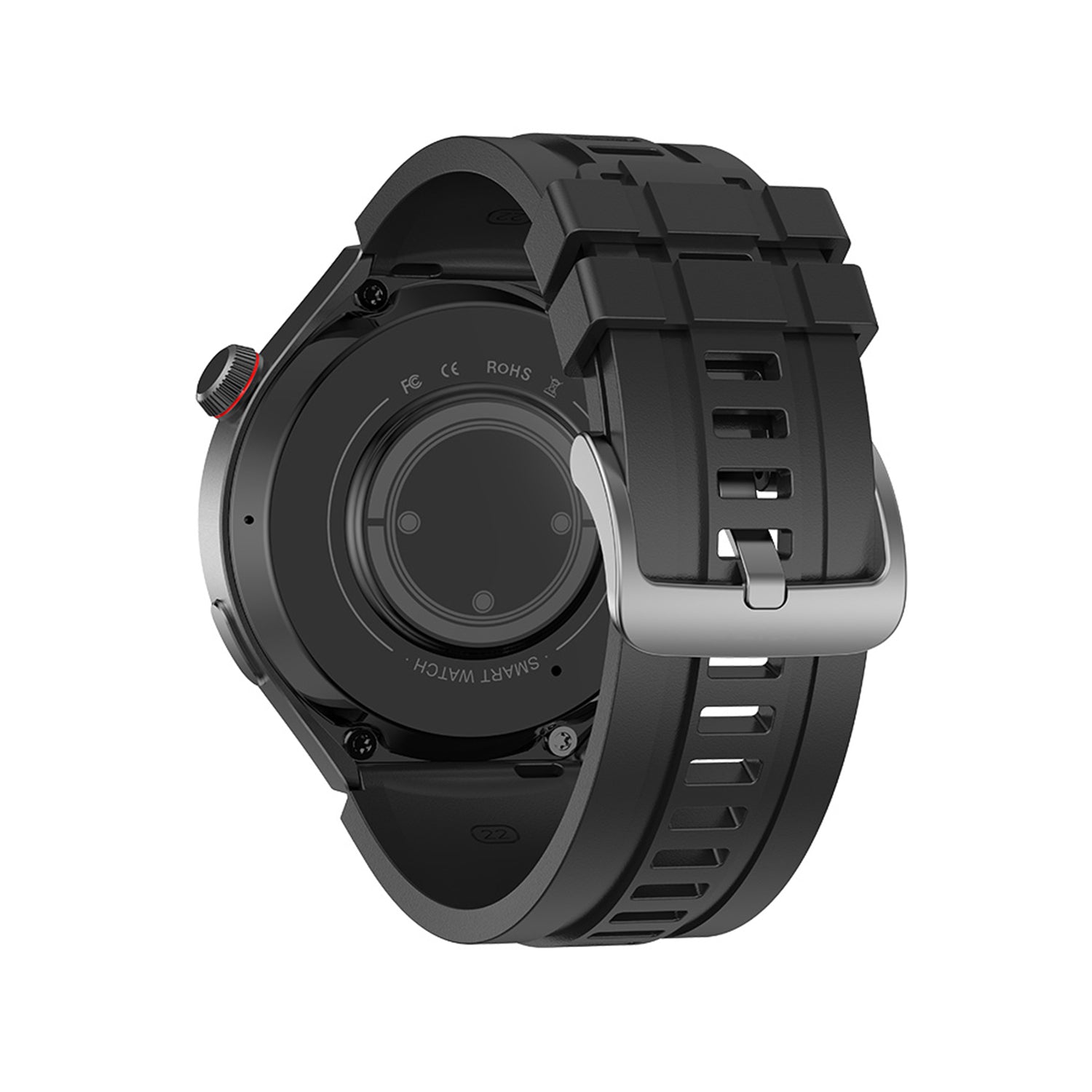 406 Smart Watch main product image with black silicone strap, three-quarter view displaying AMOLED screen and metal frame aesthetics