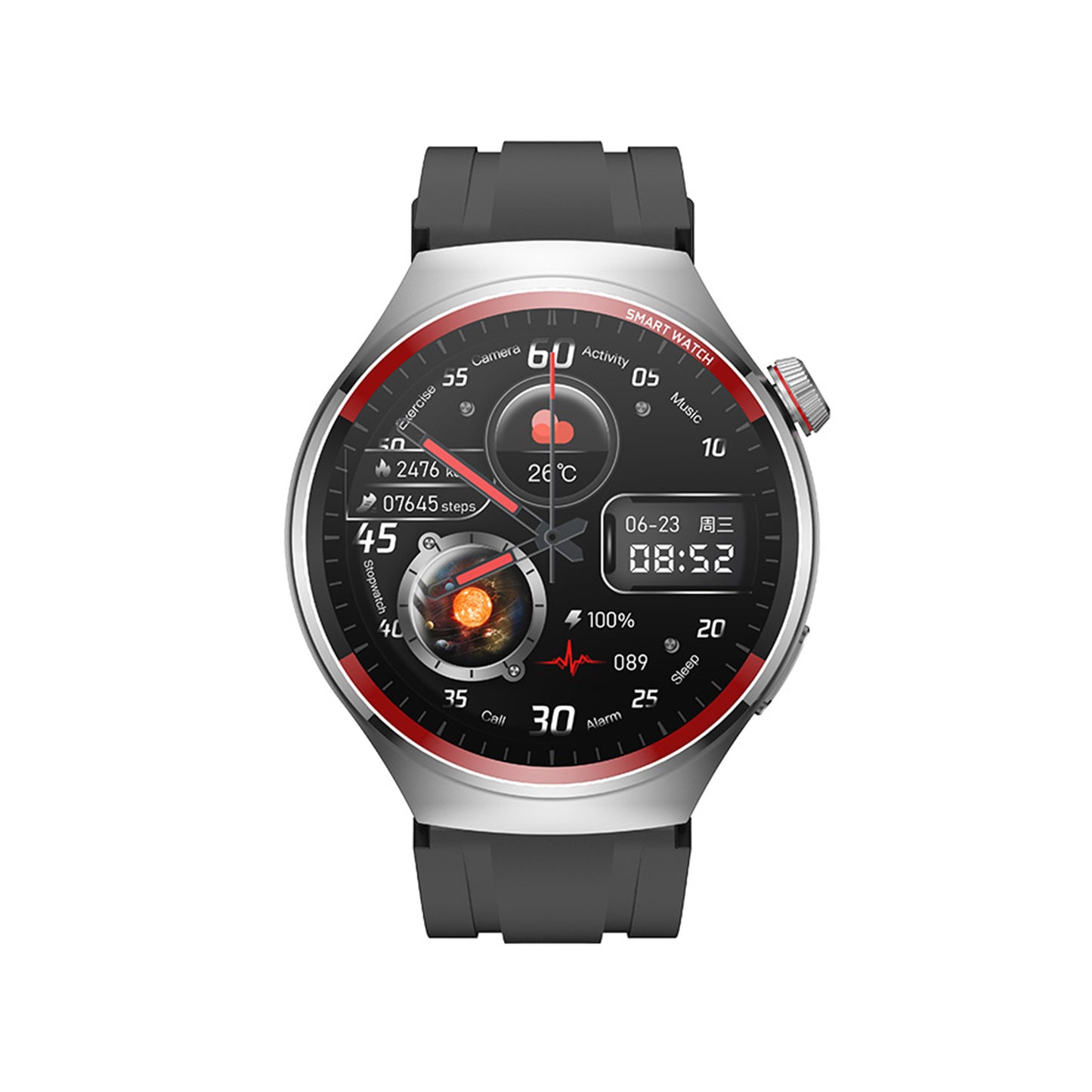 406 Smart Watch main product image with silver silicone strap, front view displaying AMOLED screen and stainless steel button construction