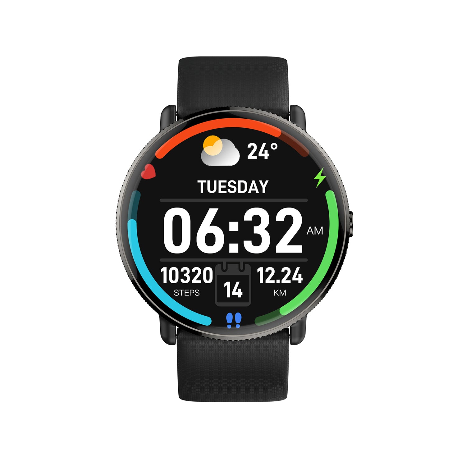 407 Smart Watch P58 main product image with silver case and black silicone strap, front view displaying 1.43-inch AMOLED screen, 304 stainless steel case with 20+ polishing processes, and 260mAh long battery technology
