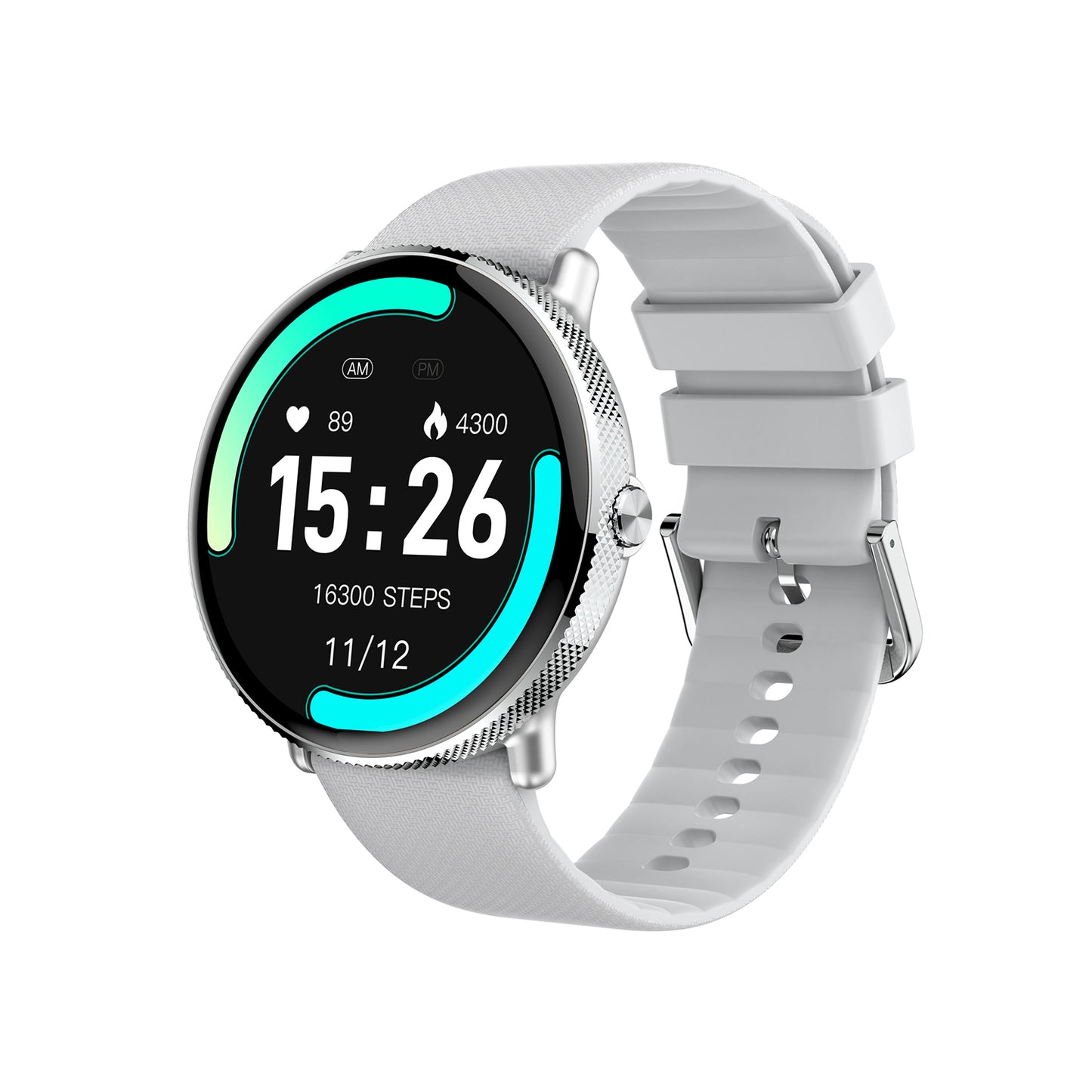 407 Smart Watch P58 main product image with silver case and white silicone strap, front view featuring AMOLED always-on display technology, 466×466 resolution, and Realtek8763EWE-VP low power chip