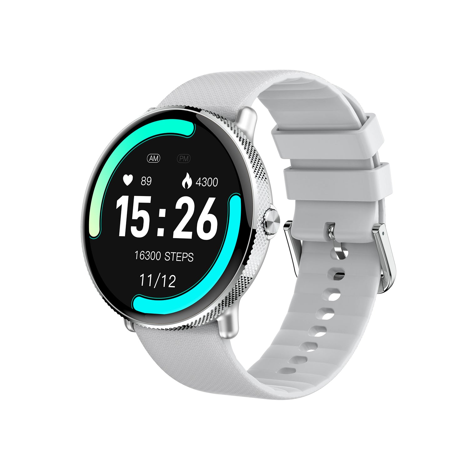 407 Smart Watch P58 main product image with silver case and white silicone strap, front view featuring AMOLED always-on display technology, 466×466 resolution, and Realtek8763EWE-VP low power chip