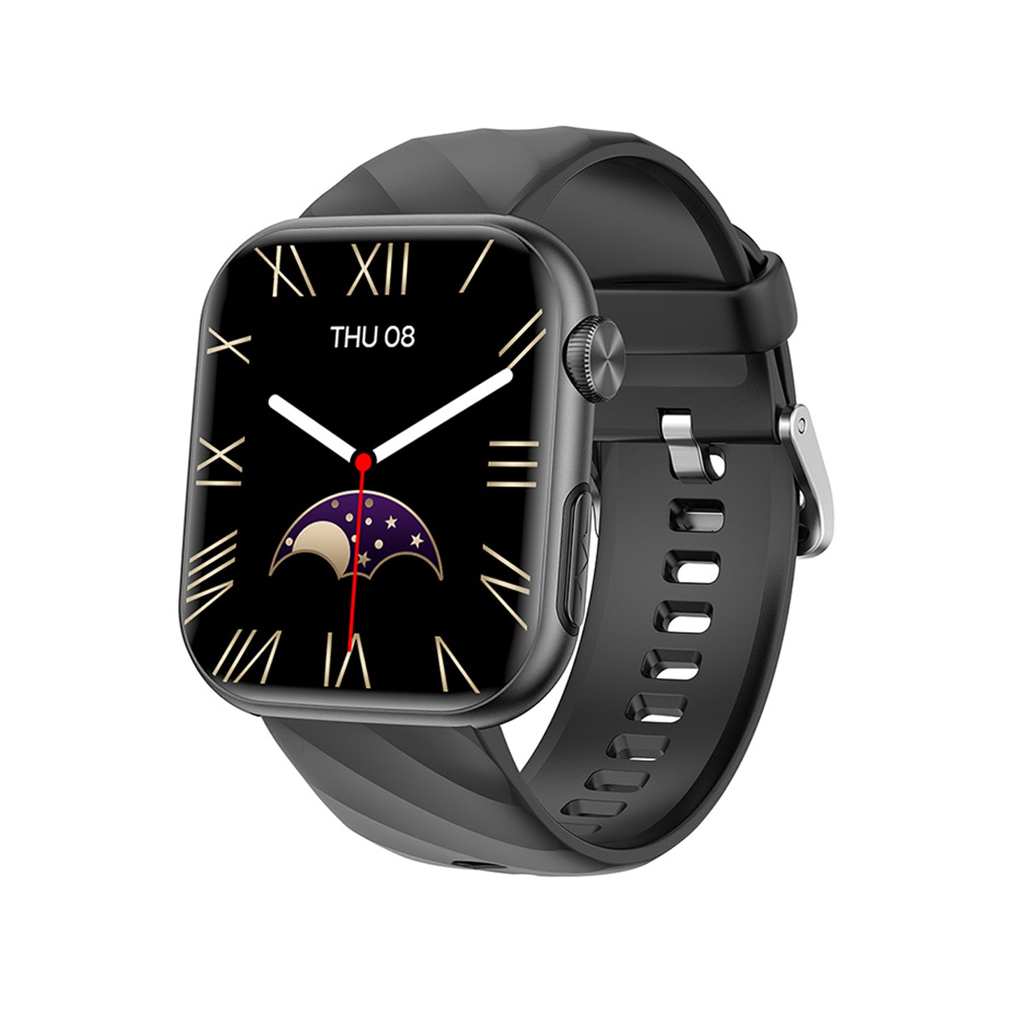 501 Smart Watch main product image with black silicone strap, side angle view showing premium metal body and ergonomic design