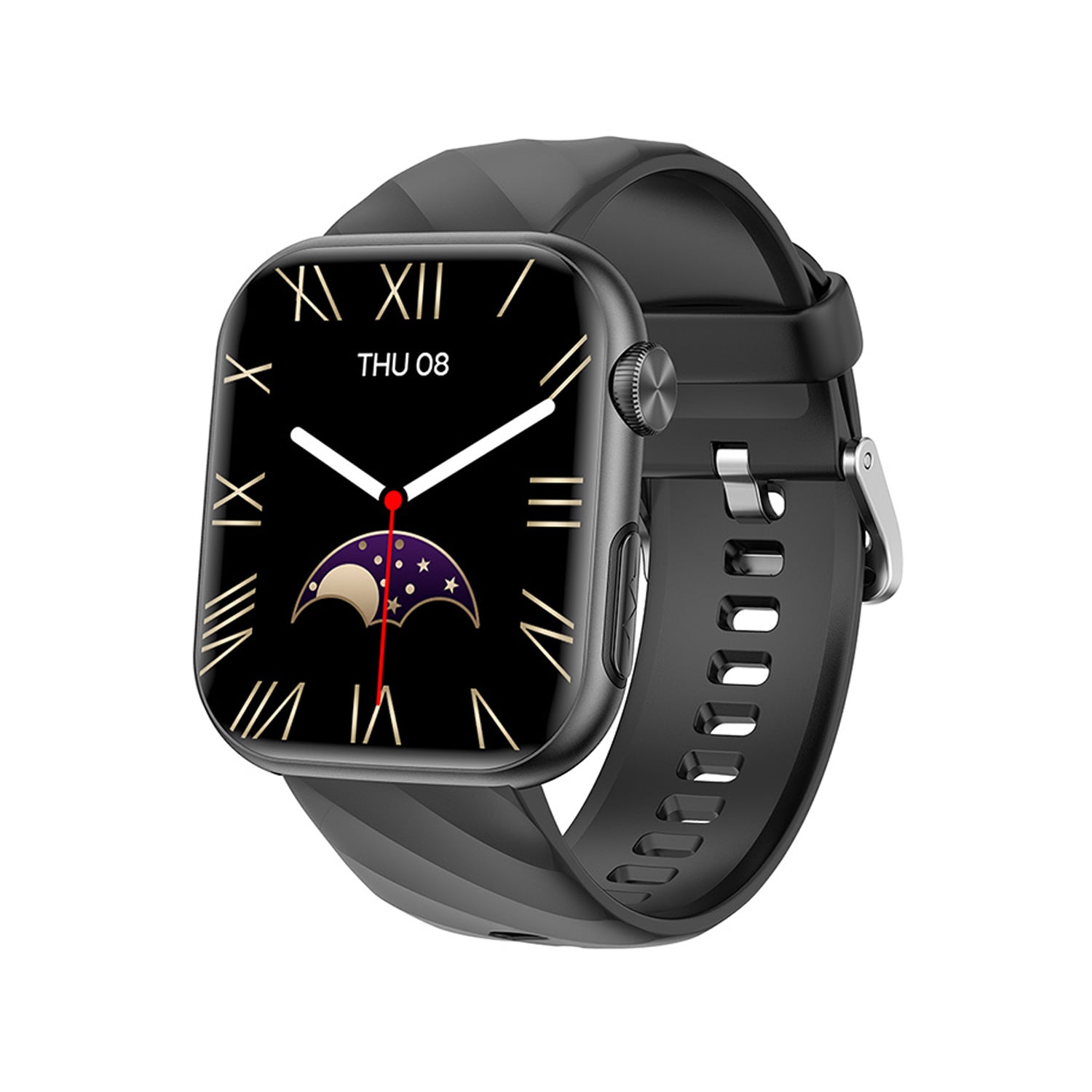 501 Smart Watch main product image with black silicone strap, side angle view showing premium metal body and ergonomic design