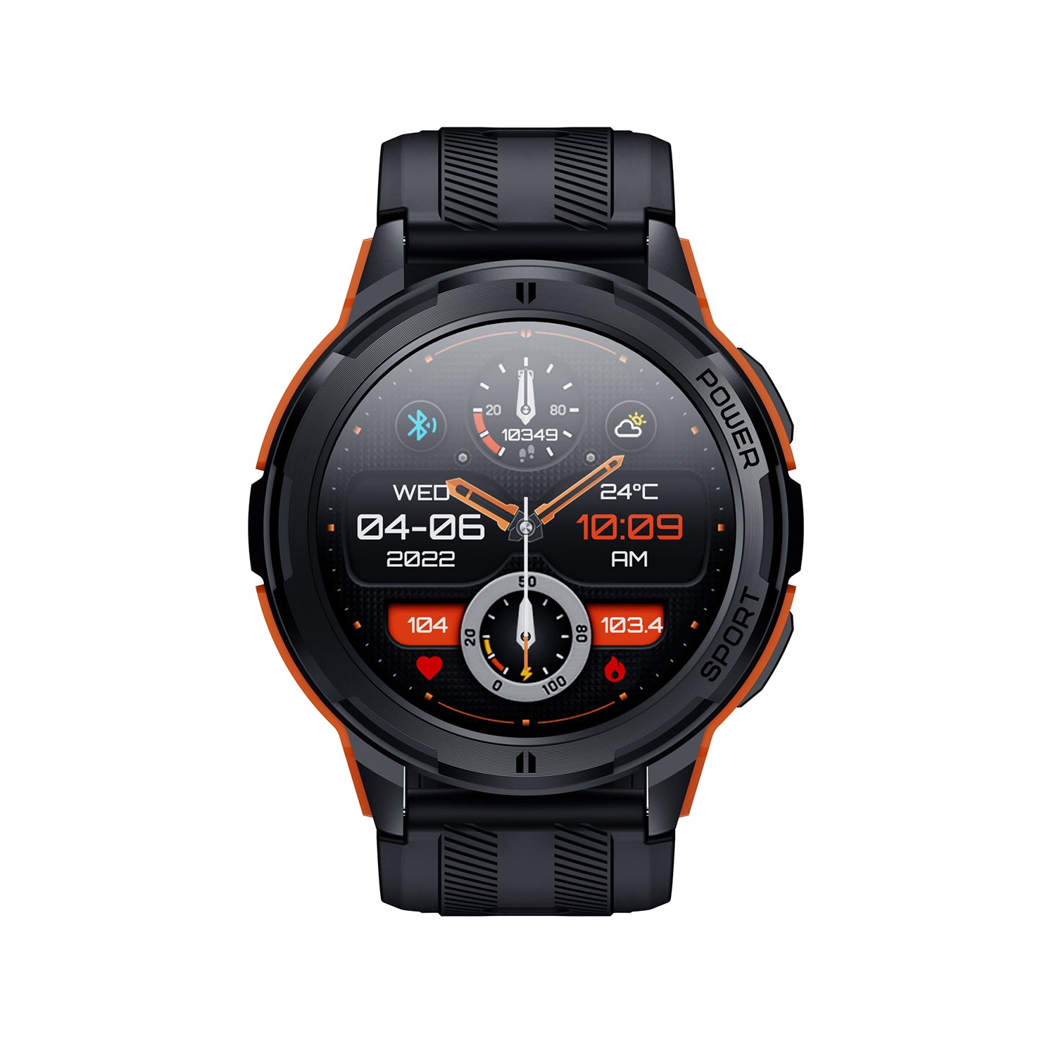 502 Smart Watch C25 main product image with black and orange silicone strap, front view showing 1.43-inch AMOLED always-on display, aviation metal frame construction, and endurance sports explorer design for extreme environment performance