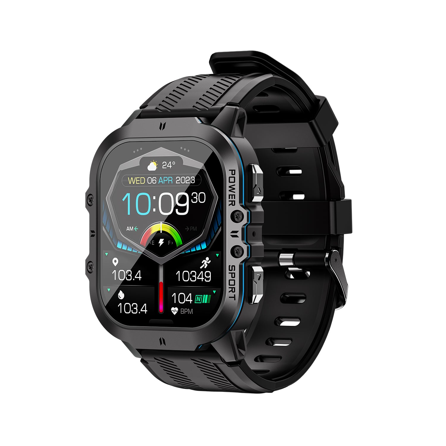 503 Smart Watch C26 main product image with black and orange silicone strap, front view showing 1.96-inch AMOLED display, wilderness conqueror design, zinc alloy buttons, and rugged outdoor construction for extreme adventure performance