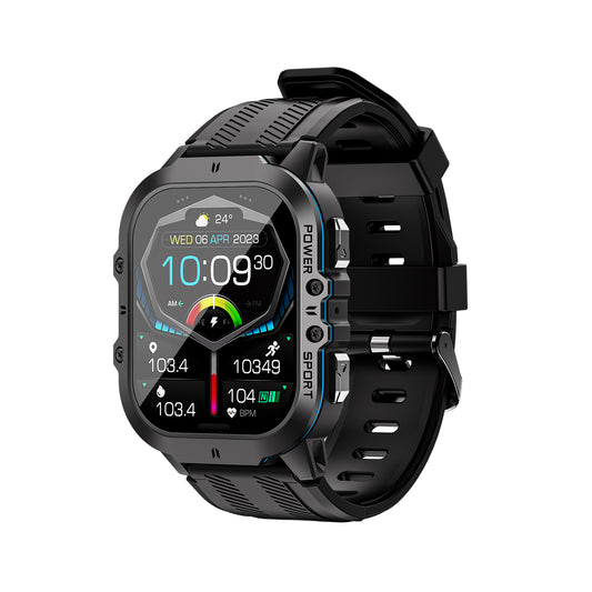 503 Smart Watch C26 main product image with black and orange silicone strap, front view showing 1.96-inch AMOLED display, wilderness conqueror design, zinc alloy buttons, and rugged outdoor construction for extreme adventure performance