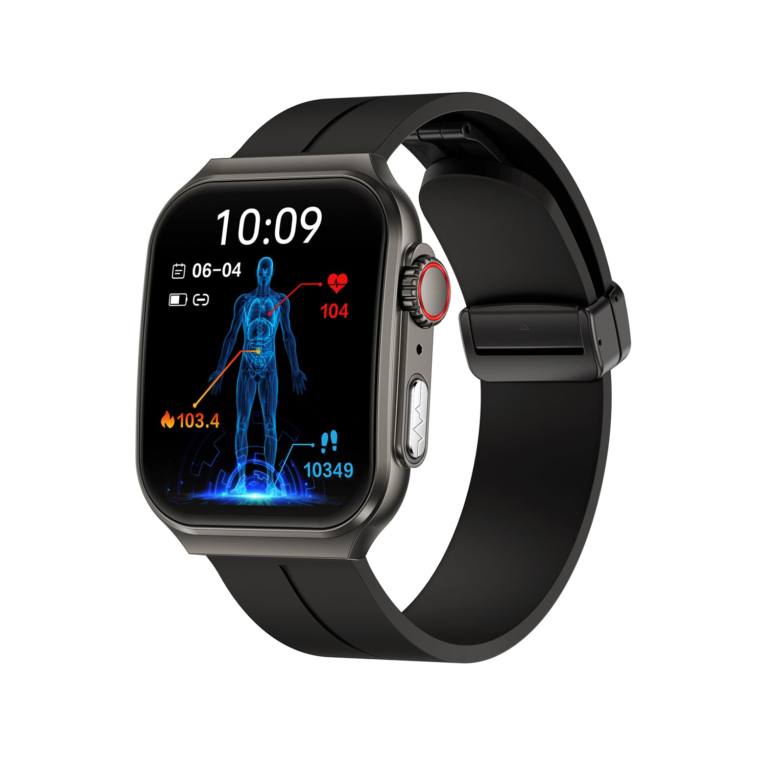 504 Smart Watch NX15 main product image with black silicone strap, front view showcasing flagship design with 3D flexible surface technology, zinc alloy construction, and comprehensive wellness tracking capabilities