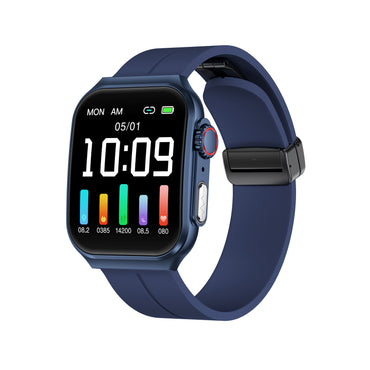 504 Smart Watch NX15 main product image with blue silicone strap, front view displaying 1.96-inch IPS curved screen, mechanical crown design, and 260mAh long battery life technology with flagship health navigation features