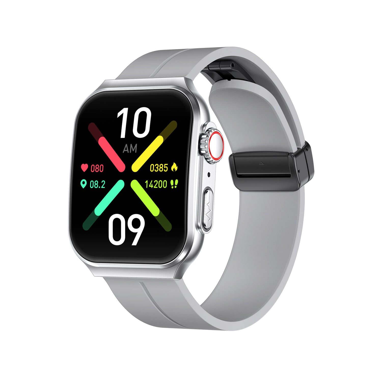 504 Smart Watch NX15 main product image with silver silicone strap, front view showing 1.96-inch IPS 3D curved display, mechanical rotating crown, zinc alloy matte case, and NX15 flagship design for smart health navigation
