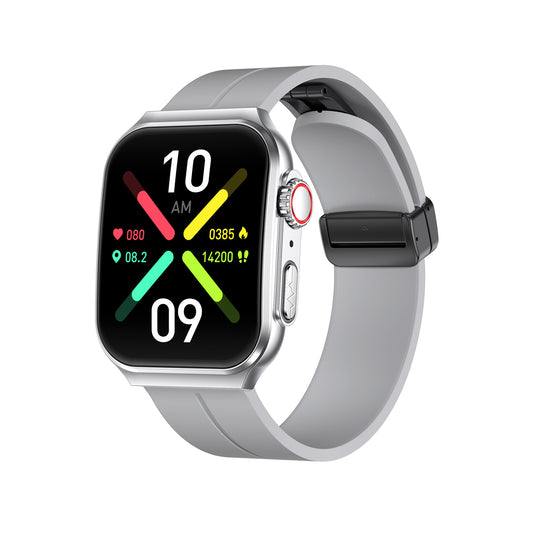 504 Smart Watch NX15 main product image with silver silicone strap, front view showing 1.96-inch IPS 3D curved display, mechanical rotating crown, zinc alloy matte case, and NX15 flagship design for smart health navigation