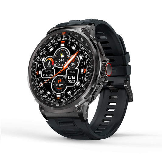 505 Smart Watch V69 main product image with black metal case and black silicone strap, front view displaying 1.85-inch HD screen, IP68 waterproof technology, and 8763EW chip with Bluetooth calling capabilities