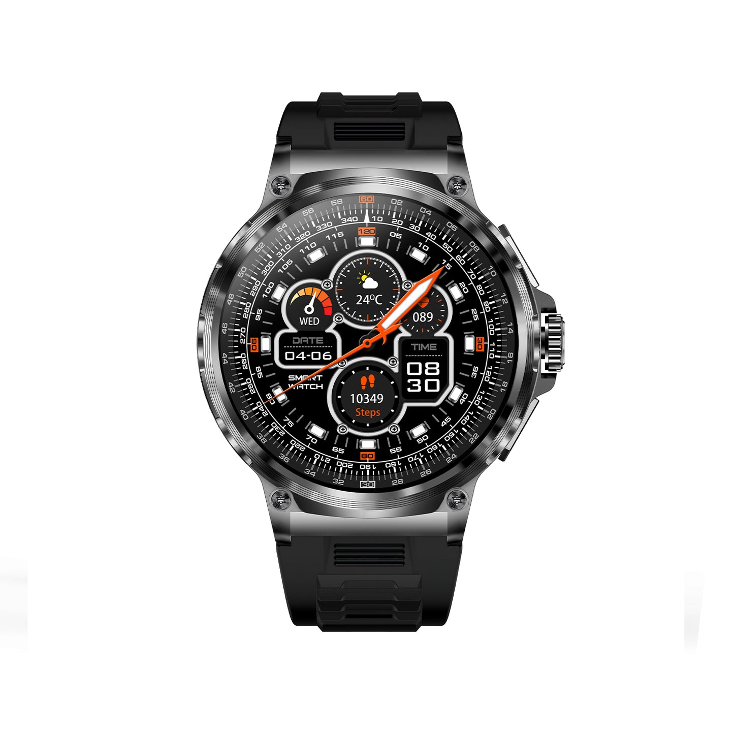 505 Smart Watch V69 main product image with gold metal case and brown silicone strap, front view showcasing sports design with 400+ watch faces, 100+ sports modes, and comprehensive wellness tracking features
