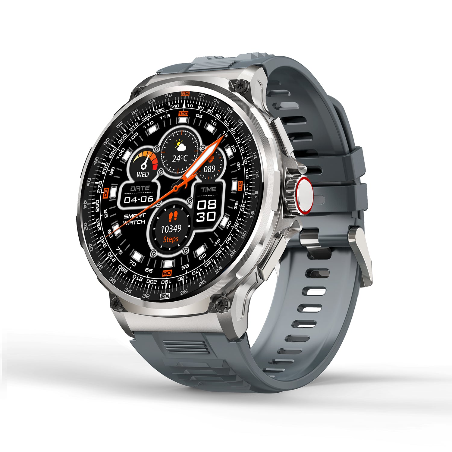 505 Smart Watch V69 main product image with silver metal case and black silicone strap, front view showing 1.85-inch HD always-on display, 710mAh battery technology, and V69 large screen design for comprehensive fitness tracking