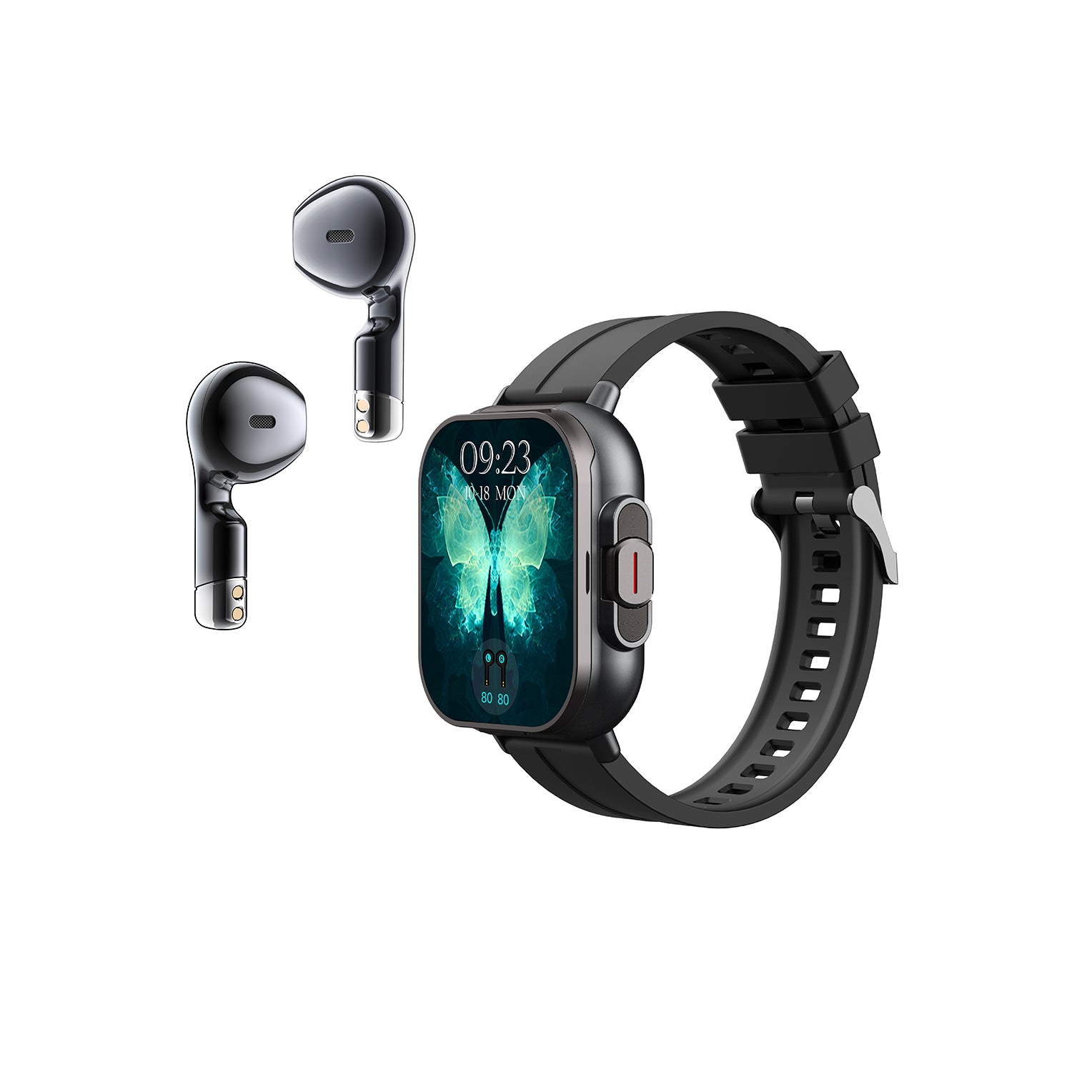 506 Smart Watch T01 main product image with black silicone strap, front view showing 2.01-inch TFT HD display, built-in wireless earbuds, flip-open design with T01 edition featuring revolutionary 2-in-1 technology