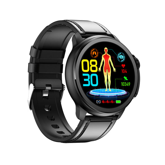 601 Smart Watch main product image with black silicone strap, front view showing 1.43-inch AMOLED display, premium metal alloy frame construction, and advanced ECG sensor technology for comprehensive health tracking