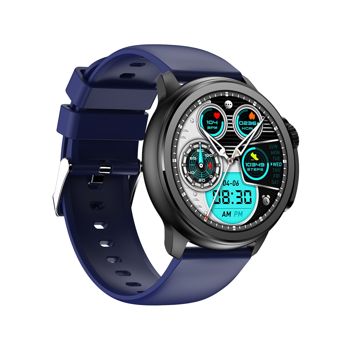 601 Smart Watch main product image with blue silicone strap, front view featuring 1.43-inch full touch AMOLED screen, advanced wellness tracking sensors, and premium construction quality