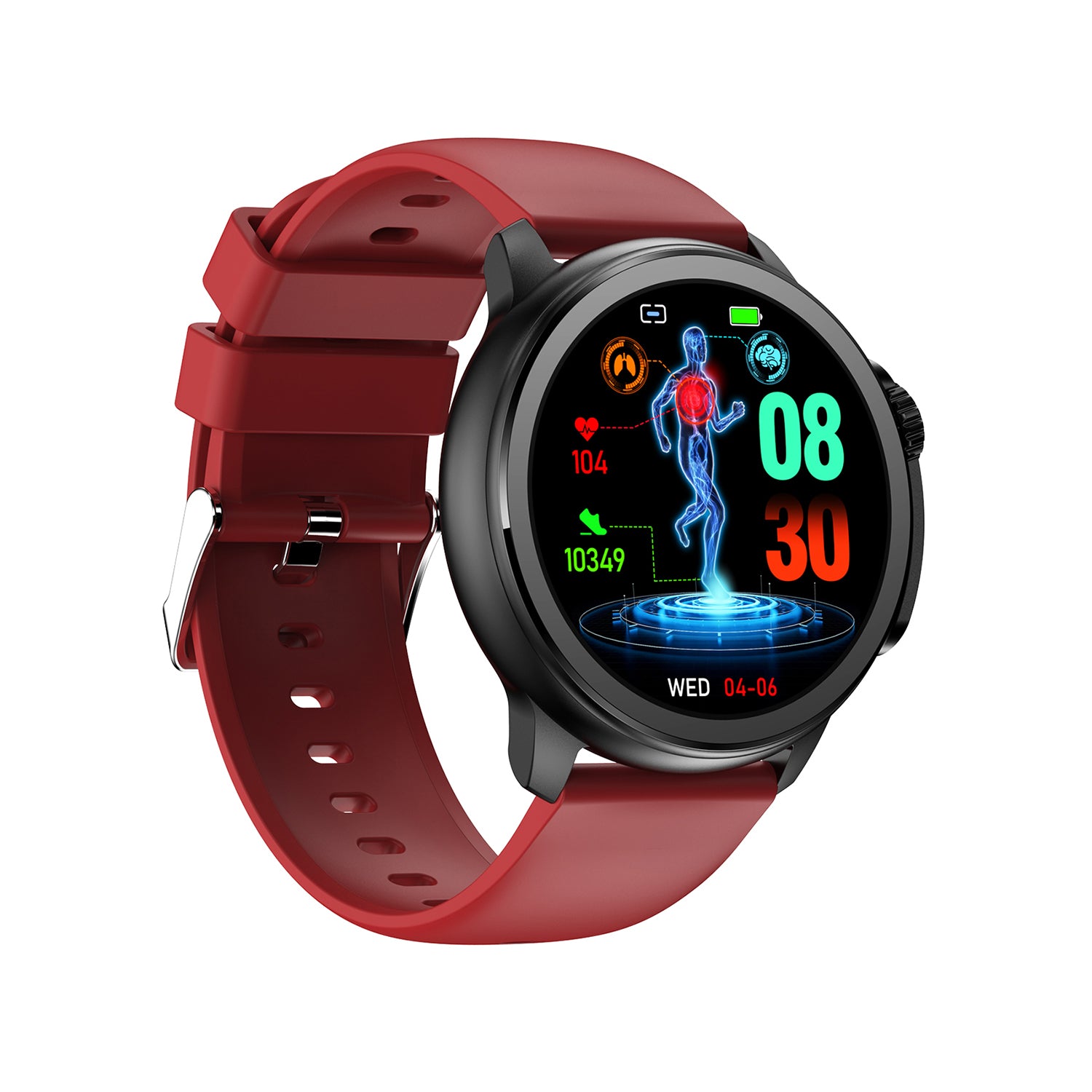 601 Smart Watch main product image with red silicone strap, front view displaying AMOLED retinal screen, diamond nano superconducting glass, and outstanding master of health design with premium materials
