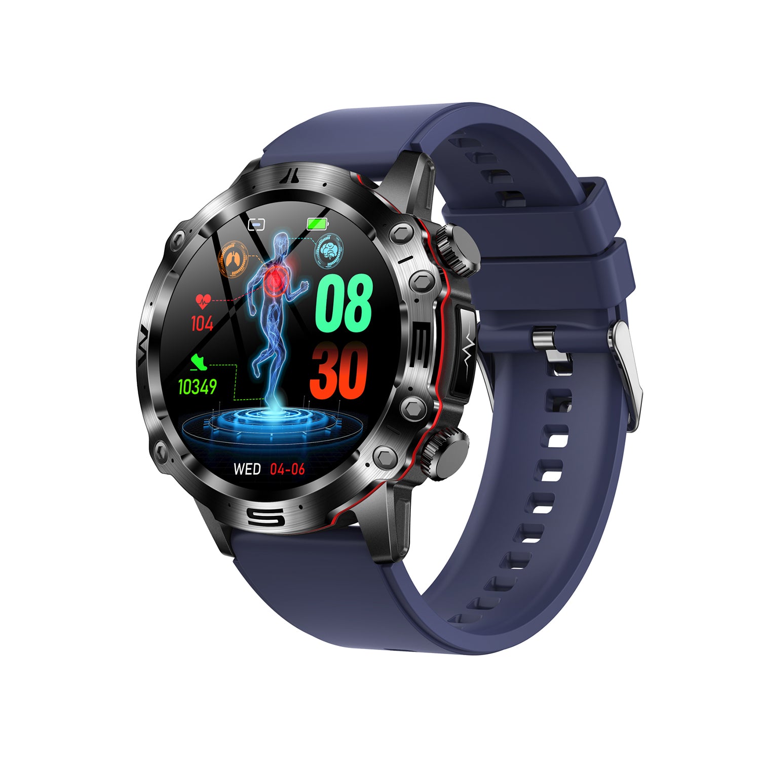 602 Smart Watch main product image with blue silicone strap, front view featuring 1.43-inch full touch AMOLED screen, advanced fitness tracking sensors, and premium construction quality