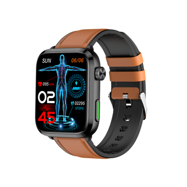 701 Smart Health Watch with brown leather strap - laser therapy and glucose monitoring features