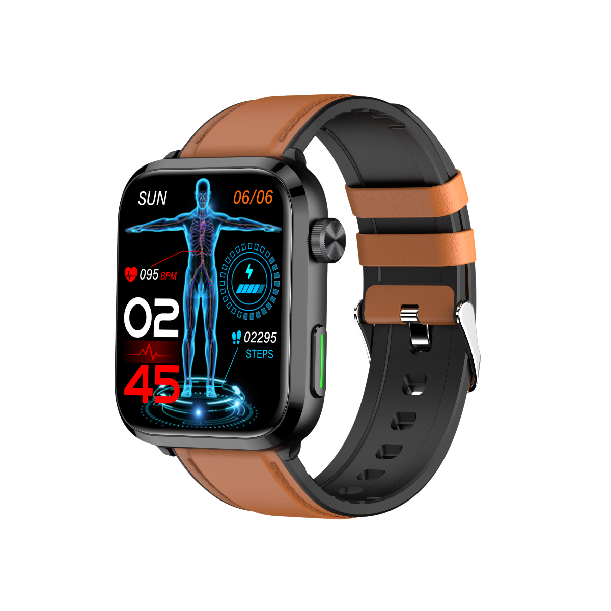 701 Smart Health Watch with brown leather strap - laser therapy and glucose monitoring features