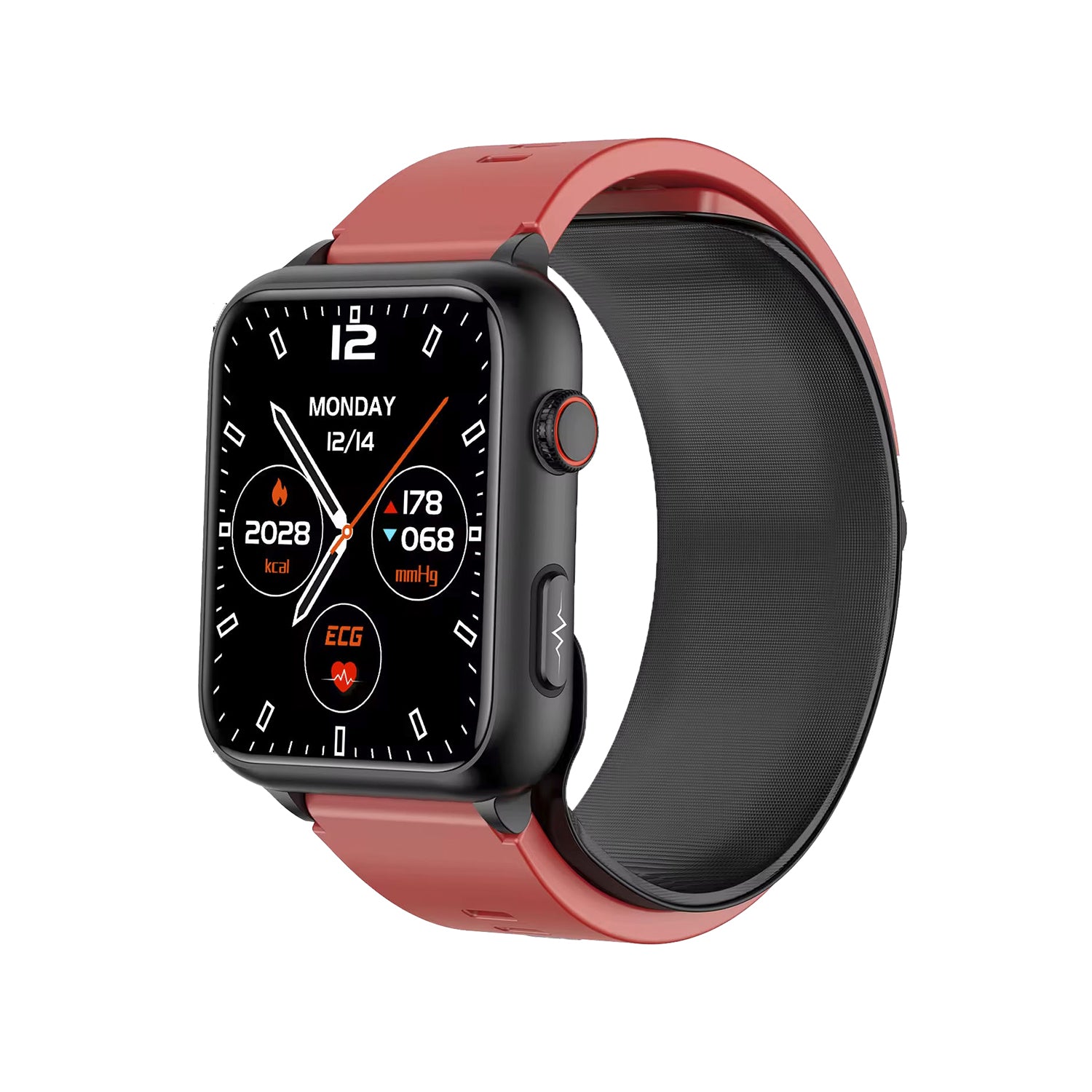 801 Fitness Tracker with red strap featuring wellness monitoring display, comprehensive fitness tracking capabilities, and lifestyle reference functions for health-conscious individuals, not for medical use
