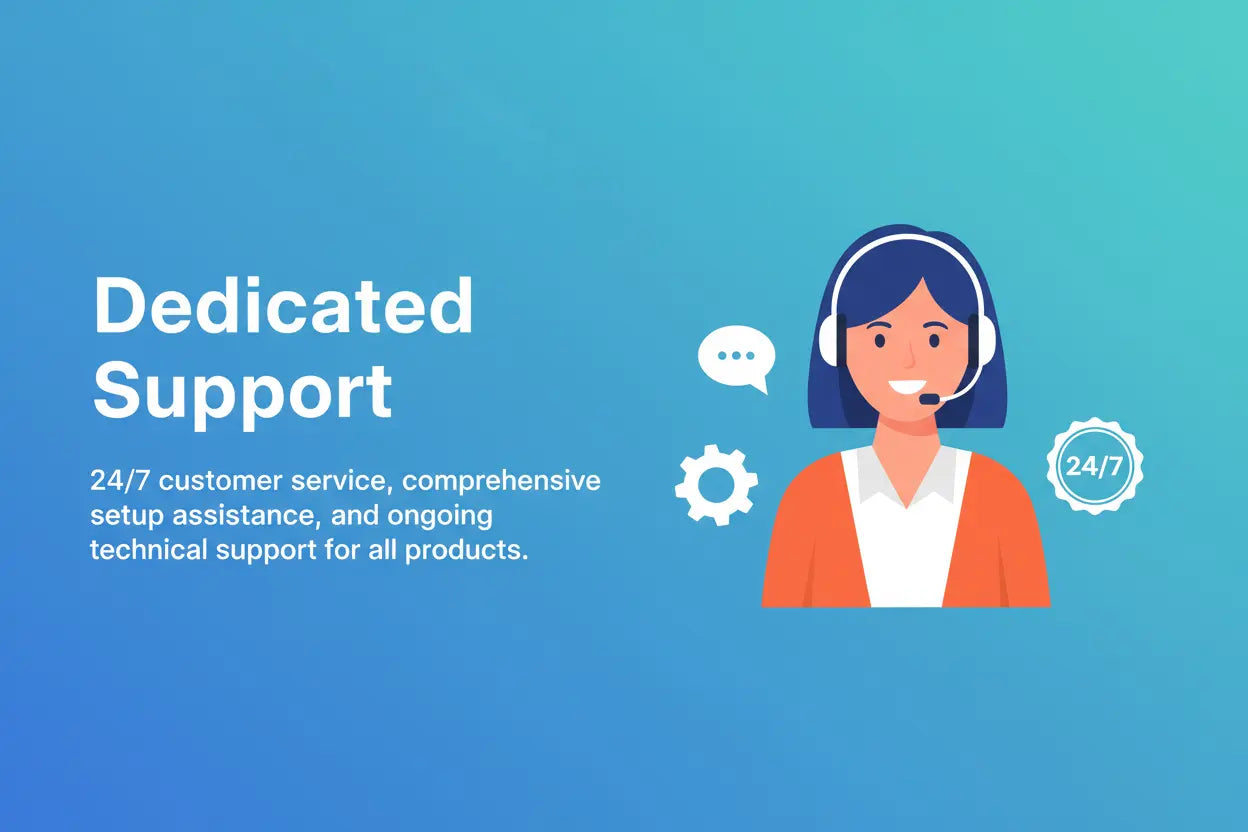 Customer support representative providing 24/7 service, comprehensive setup assistance, and ongoing technical support for all products.