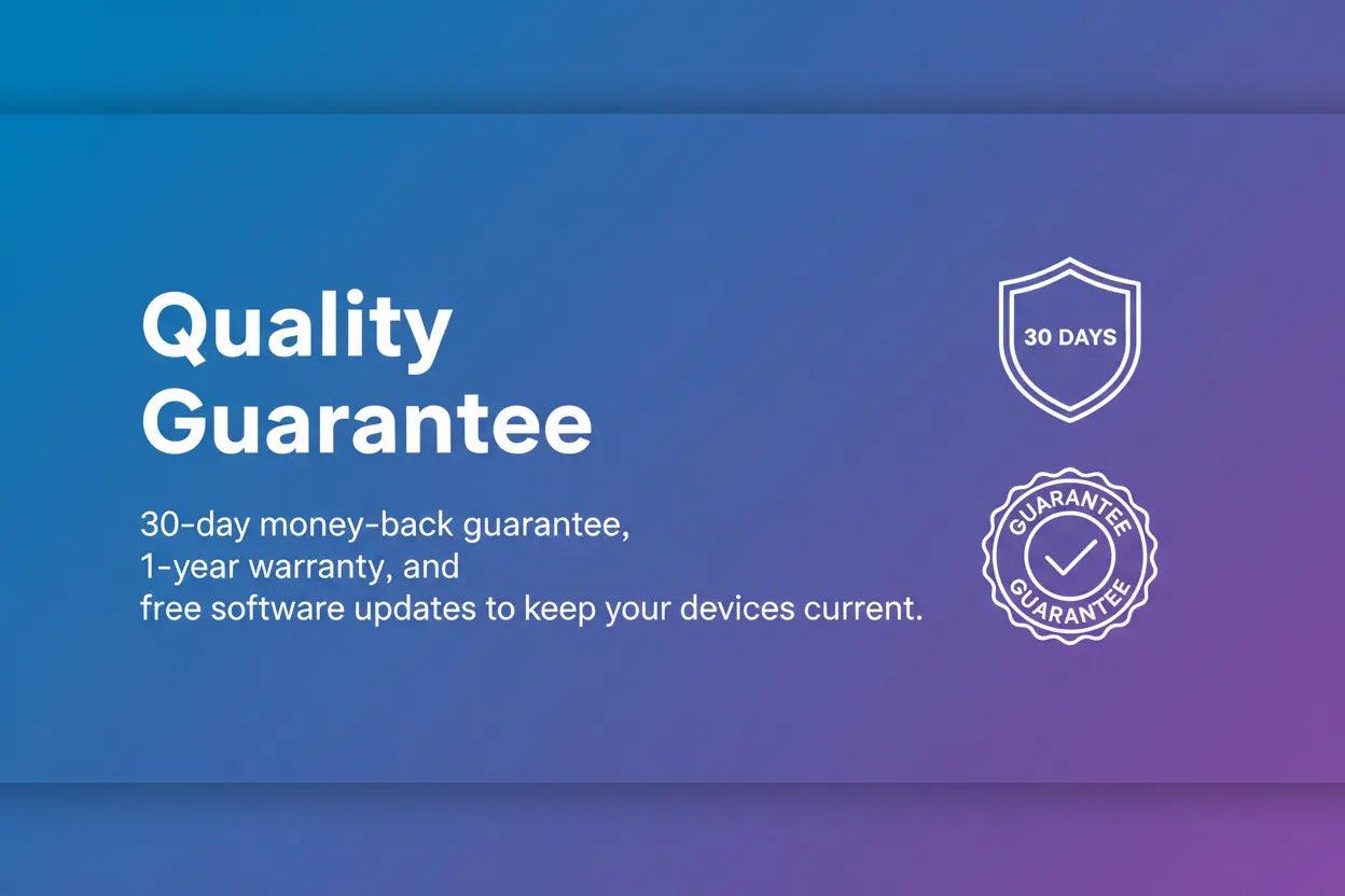 Quality guarantee details including 30-day money-back, 1-year warranty, and free software updates to keep devices current.